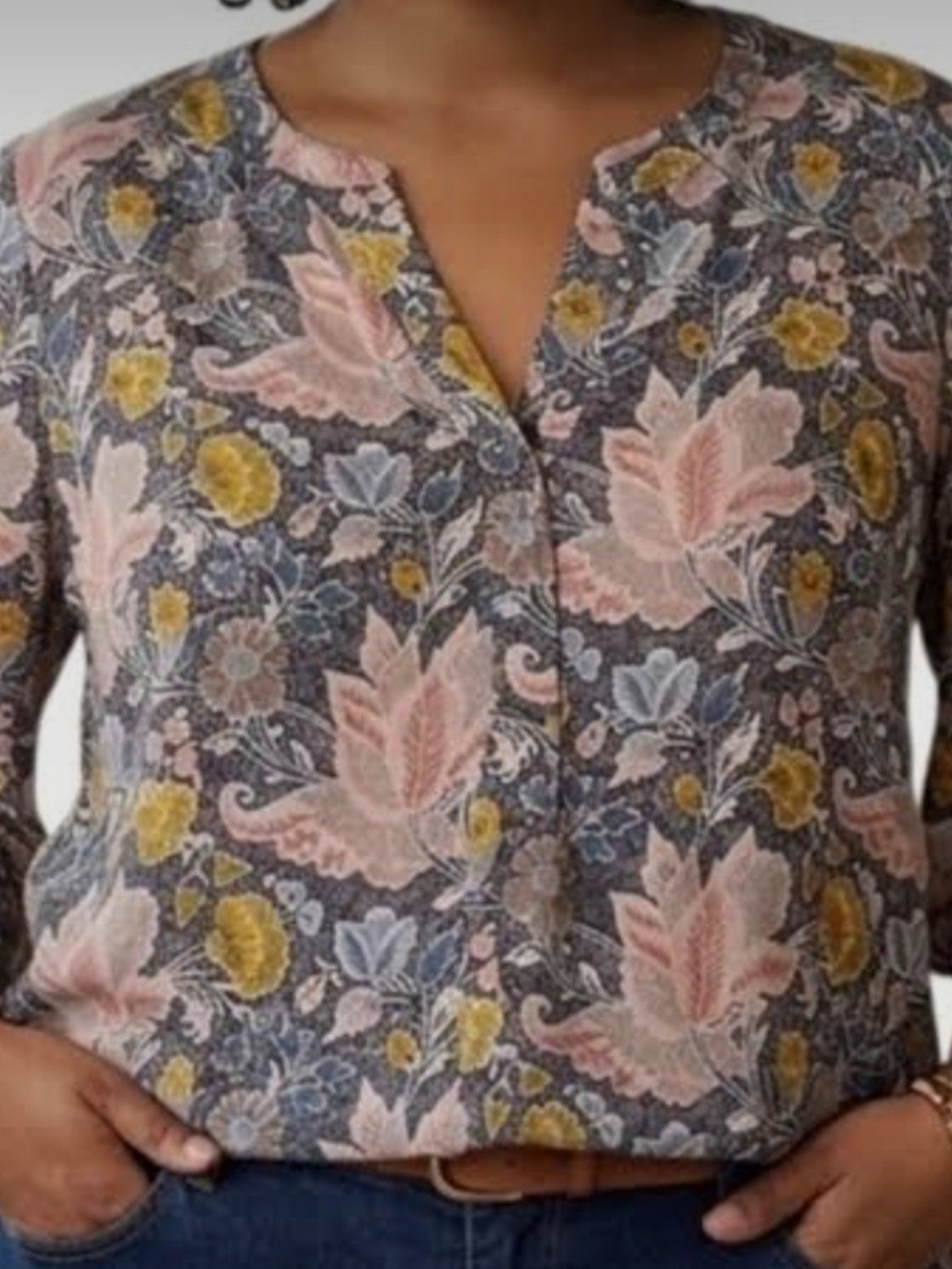 Tahari Gray Floral Tunic Blouse with Pink & Yellow Accents NWT 2X